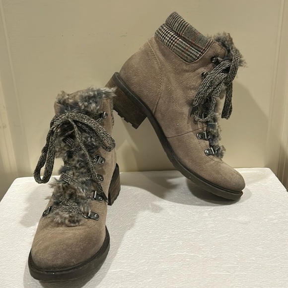 Sam Edelman LaceUp suede Darrah Hiker faux fur plaid wool detail Boots size 7.5 - Picture 1 of 16